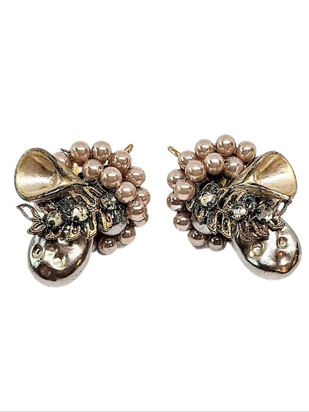 🆕 Vintage 60s Baroque Seed Pearl Gold Leaf Floral Rhinestone Cluster Earrings